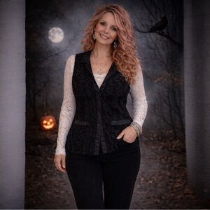 Vintage Cotton Ginny Black Velour Vest Satin Trim Witchcore Boho L